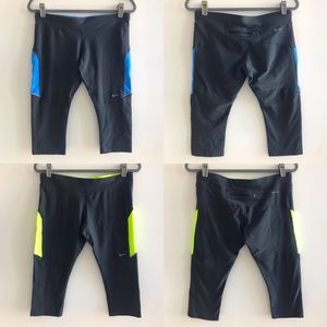 TWO PAIRS Large Nike Dri-Fit cropped workout yoga pants leggings w/ blue & green